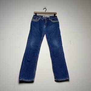 Western Blue Denim Jean Pant Women 30 Blue Embroidered Indie Rock Riding Bootcut